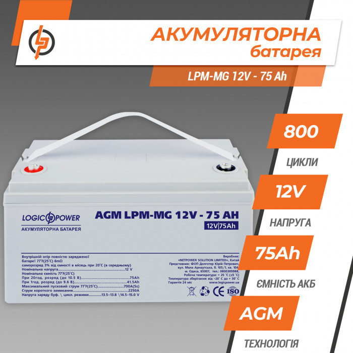 Аккумуляторная батарея LogicPower LPM-MG 12V 75Ah